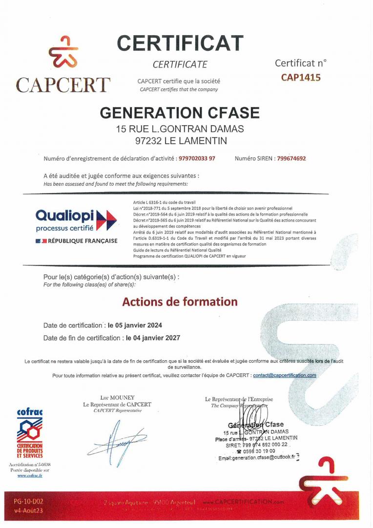 Certificat GENERATION CFASE